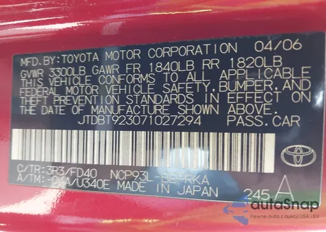 2007 Toyota Yaris S z USA, uszkodzony, nr VIN JTDBT923071027294